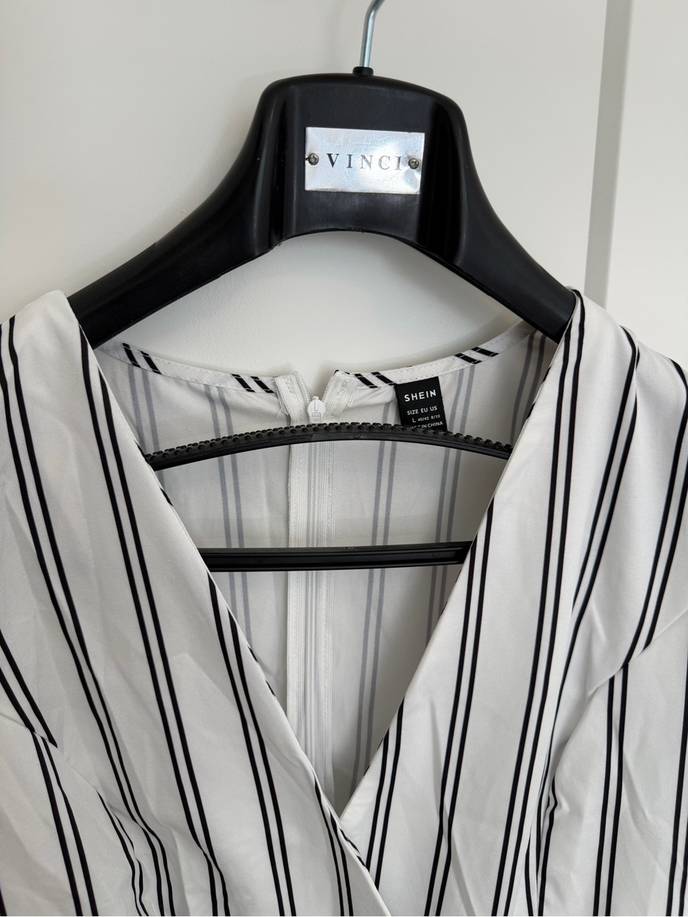 SHEIN White V-Neck Blouse with Black Pinstripes